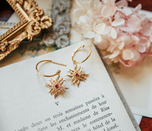 Load image into Gallery viewer, Gold Sun Earrings, Sun with Ruby CZ Earrings, July Birthstone Jewelry, Celestial Jewelry, July Birthday Gift for Mom Daughter Wife Sister
