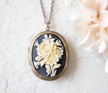 Load image into Gallery viewer, Personalized Photo Locket Necklace, Black and Ivory Flower Cameo Pendant, Vintage Style Antique Gold Oval Locket, Christmas Gift for  Her
