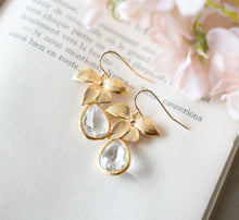 Load image into Gallery viewer, Gold Flower Clear Crystal Earrings, April Birthstone Jewelry, Clear Crystal Drop Earrings, April Birthday Gift for Mom Daughter Wife Her
