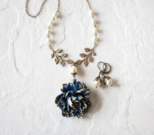 Load image into Gallery viewer, Navy Blue Peony Flower Cream White Pearls Brass Leaf Branch Necklace Earrings Set, Statement Necklace, Navy Blue Wedding Jewelry
