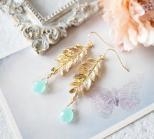 Load image into Gallery viewer, Seafoam Green Chalcedony Earrings, Gold Leaf Earrings, Seafoam Blue Chalcedony Gemstone drop Earrings, Birthday Gift for Wife Mom Daughter
