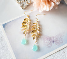 Load image into Gallery viewer, Seafoam Green Chalcedony Earrings, Gold Leaf Earrings, Seafoam Blue Chalcedony Gemstone drop Earrings, Birthday Gift for Wife Mom Daughter
