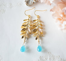 Load image into Gallery viewer, Gold Leaf Branch Blue Chalcedony Gemstone Earrings, Gold Leaf Earrings, Sea foam Blue Turquoise Blue drop Earrings, Birthday Gift for her
