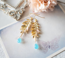 Load image into Gallery viewer, Gold Leaf Branch Blue Chalcedony Gemstone Earrings, Gold Leaf Earrings, Sea foam Blue Turquoise Blue drop Earrings, Birthday Gift for her
