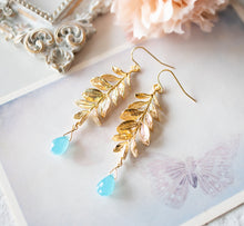 Load image into Gallery viewer, Gold Leaf Branch Blue Chalcedony Gemstone Earrings, Gold Leaf Earrings, Sea foam Blue Turquoise Blue drop Earrings, Birthday Gift for her
