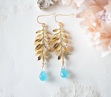 Load image into Gallery viewer, Gold Leaf Branch Blue Chalcedony Gemstone Earrings, Gold Leaf Earrings, Sea foam Blue Turquoise Blue drop Earrings, Birthday Gift for her
