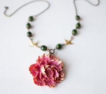 Load image into Gallery viewer, Dark Pink Peony Flower Pendant Necklace Earrings Set with Dark Green Green Beads Gold Brass Swallows, Vintage Style Statement Necklace
