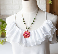 Load image into Gallery viewer, Dark Pink Peony Flower Pendant Necklace Earrings Set with Dark Green Green Beads Gold Brass Swallows, Vintage Style Statement Necklace
