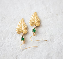 Load image into Gallery viewer, Ivy Leaf Earrings, Gold Ivy Leaf Emerald Green Cubic Zirconia Clear Crystal Earrings, May Birthstone Emerald Jewelry Birthday Gift for Women
