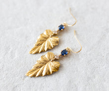 Load image into Gallery viewer, Gold Ivy Leaf Earrings with Sapphire Blue Cubic Zirconia Stones, September Birthstone, Birthday Gift for Daughter Wife Mom Sister Girlfriend
