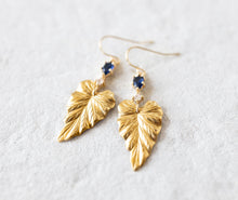 Load image into Gallery viewer, Gold Ivy Leaf Earrings with Sapphire Blue Cubic Zirconia Stones, September Birthstone, Birthday Gift for Daughter Wife Mom Sister Girlfriend
