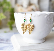 Load image into Gallery viewer, Ivy Leaf Earrings, Gold Ivy Leaf Emerald Green Cubic Zirconia Clear Crystal Earrings, May Birthstone Emerald Jewelry Birthday Gift for Women
