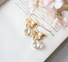 Load image into Gallery viewer, Gold Flower Clear Crystal Earrings, April Birthstone Jewelry, Clear Crystal Drop Earrings, April Birthday Gift for Mom Daughter Wife Her
