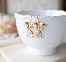 Load image into Gallery viewer, Gold Flower Clear Crystal Earrings, April Birthstone Jewelry, Clear Crystal Drop Earrings, April Birthday Gift for Mom Daughter Wife Her
