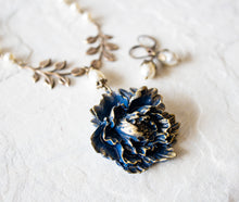 Load image into Gallery viewer, Navy Blue Peony Flower Cream White Pearls Brass Leaf Branch Necklace Earrings Set, Statement Necklace, Navy Blue Wedding Jewelry
