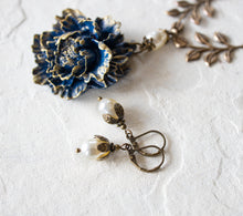 Load image into Gallery viewer, Navy Blue Peony Flower Cream White Pearls Brass Leaf Branch Necklace Earrings Set, Statement Necklace, Navy Blue Wedding Jewelry
