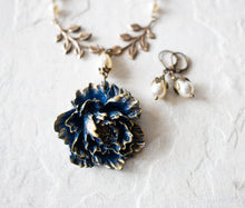 Load image into Gallery viewer, Navy Blue Peony Flower Cream White Pearls Brass Leaf Branch Necklace Earrings Set, Statement Necklace, Navy Blue Wedding Jewelry
