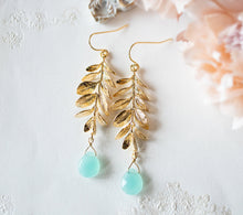 Load image into Gallery viewer, Gold Leaf Branch Blue Chalcedony Gemstone Earrings, Gold Leaf Earrings, Sea foam Blue Turquoise Blue drop Earrings, Birthday Gift for her
