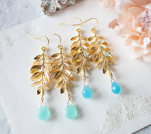 Load image into Gallery viewer, Seafoam Green Chalcedony Earrings, Gold Leaf Earrings, Seafoam Blue Chalcedony Gemstone drop Earrings, Birthday Gift for Wife Mom Daughter
