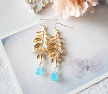 Load image into Gallery viewer, Gold Leaf Branch Blue Chalcedony Gemstone Earrings, Gold Leaf Earrings, Sea foam Blue Turquoise Blue drop Earrings, Birthday Gift for her
