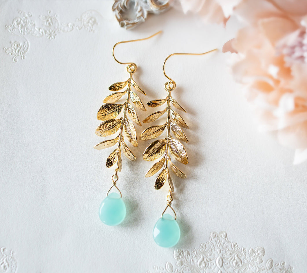 Seafoam Green Chalcedony Earrings, Gold Leaf Earrings, Seafoam Blue Chalcedony Gemstone drop Earrings, Birthday Gift for Wife Mom Daughter