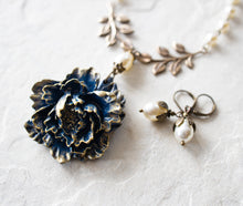 Load image into Gallery viewer, Navy Blue Peony Flower Cream White Pearls Brass Leaf Branch Necklace Earrings Set, Statement Necklace, Navy Blue Wedding Jewelry
