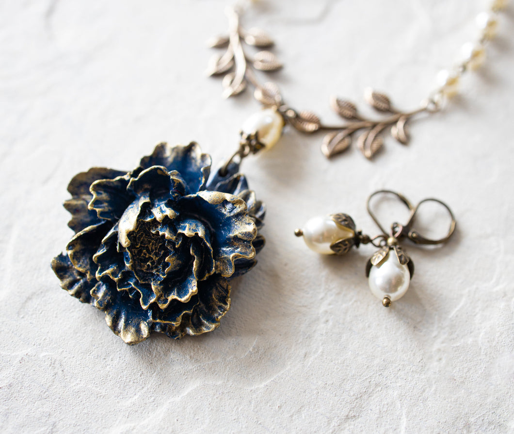 Navy Blue Peony Flower Cream White Pearls Brass Leaf Branch Necklace Earrings Set, Statement Necklace, Navy Blue Wedding Jewelry