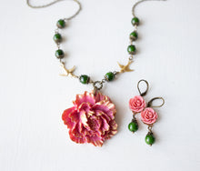 Load image into Gallery viewer, Dark Pink Peony Flower Pendant Necklace Earrings Set with Dark Green Green Beads Gold Brass Swallows, Vintage Style Statement Necklace
