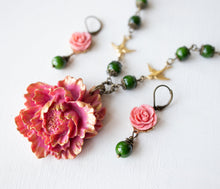 Load image into Gallery viewer, Dark Pink Peony Flower Pendant Necklace Earrings Set with Dark Green Green Beads Gold Brass Swallows, Vintage Style Statement Necklace
