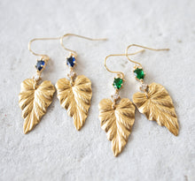 Load image into Gallery viewer, Gold Ivy Leaf Earrings with Sapphire Blue Cubic Zirconia Stones, September Birthstone, Birthday Gift for Daughter Wife Mom Sister Girlfriend
