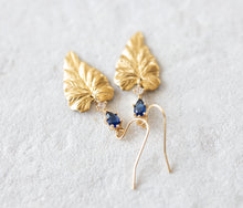 Load image into Gallery viewer, Gold Ivy Leaf Earrings with Sapphire Blue Cubic Zirconia Stones, September Birthstone, Birthday Gift for Daughter Wife Mom Sister Girlfriend
