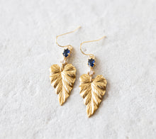 Load image into Gallery viewer, Gold Ivy Leaf Earrings with Sapphire Blue Cubic Zirconia Stones, September Birthstone, Birthday Gift for Daughter Wife Mom Sister Girlfriend
