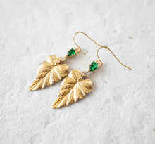 Load image into Gallery viewer, Ivy Leaf Earrings, Gold Ivy Leaf Emerald Green Cubic Zirconia Clear Crystal Earrings, May Birthstone Emerald Jewelry Birthday Gift for Women
