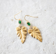 Load image into Gallery viewer, Ivy Leaf Earrings, Gold Ivy Leaf Emerald Green Cubic Zirconia Clear Crystal Earrings, May Birthstone Emerald Jewelry Birthday Gift for Women
