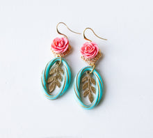 Load image into Gallery viewer, Pink Rose Flower Gold Leaf Turquoise Blue Lucite Hoop Bead Earrings, Spring Summer Earrings, Garden Wedding Jewelry, Gift for Girls Women
