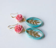 Load image into Gallery viewer, Pink Rose Flower Gold Leaf Turquoise Blue Lucite Hoop Bead Earrings, Spring Summer Earrings, Garden Wedding Jewelry, Gift for Girls Women
