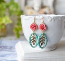 Load image into Gallery viewer, Pink Rose Flower Gold Leaf Turquoise Blue Lucite Hoop Bead Earrings, Spring Summer Earrings, Garden Wedding Jewelry, Gift for Girls Women
