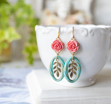 Load image into Gallery viewer, Pink Rose Flower Gold Leaf Turquoise Blue Lucite Hoop Bead Earrings, Spring Summer Earrings, Garden Wedding Jewelry, Gift for Girls Women
