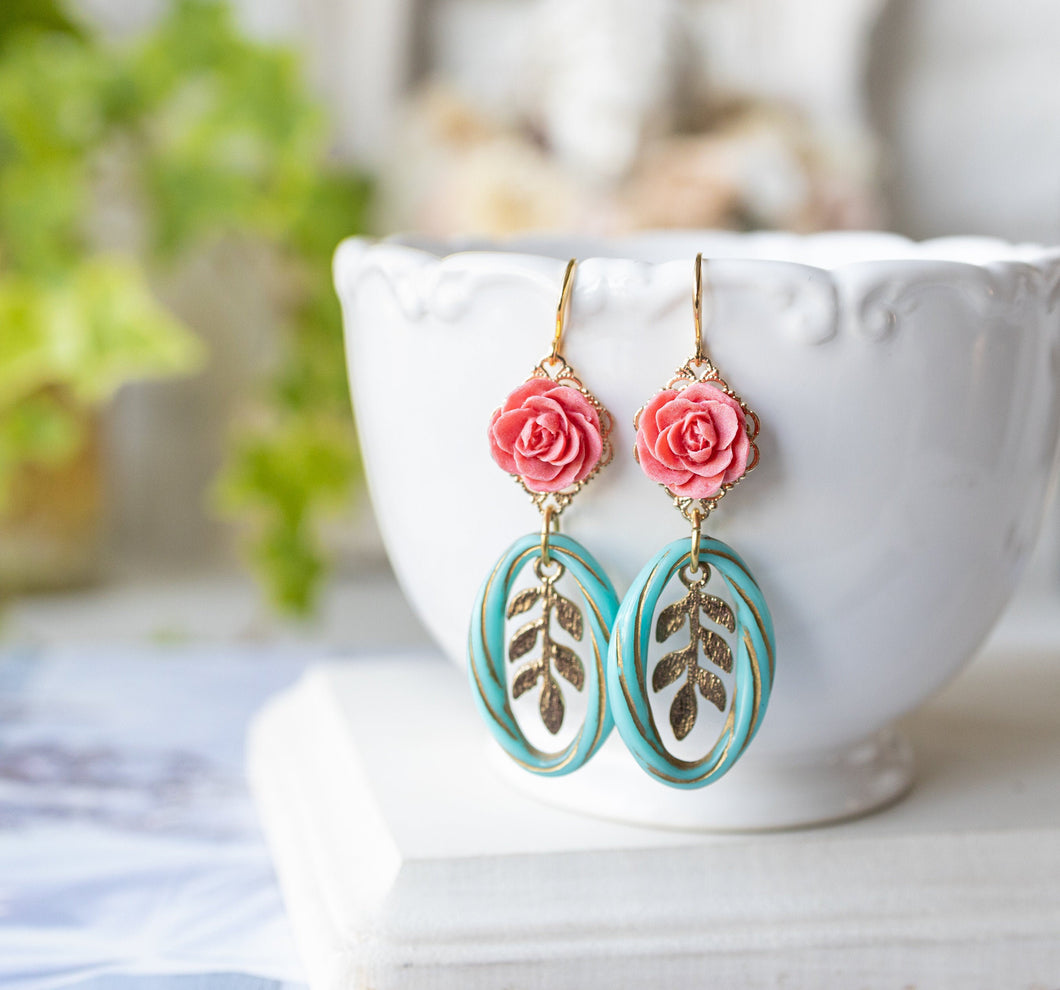 Pink Rose Flower Gold Leaf Turquoise Blue Lucite Hoop Bead Earrings, Spring Summer Earrings, Garden Wedding Jewelry, Gift for Girls Women