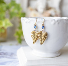 Load image into Gallery viewer, Gold Ivy Leaf Earrings with Sapphire Blue Cubic Zirconia Stones, September Birthstone, Birthday Gift for Daughter Wife Mom Sister Girlfriend
