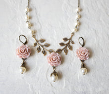 Load image into Gallery viewer, Dusty Pink Rose Necklace, Antiqued Gold Leaf Branch Necklace, Cream White Swarovski Pearl Necklace, Dusty Pink Wedding Bridal Necklace
