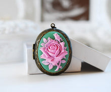 Load image into Gallery viewer, Large Green Pink Rose Cameo Locket Necklace. Victorian Antique Brass Oval Locket Necklace. Gift for her, gift for wife Girlfriend mom
