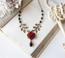 Load image into Gallery viewer, Maroon Dark Red Rose Flower Black Pearl Necklace, Antiqued Gold Leaf Branch Necklace, Maroon Wedding Jewelry, Victorian Vintage Style
