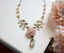 Load image into Gallery viewer, Dusty Pink Rose Necklace, Antiqued Gold Leaf Branch Necklace, Cream White Swarovski Pearl Necklace, Dusty Pink Wedding Bridal Necklace
