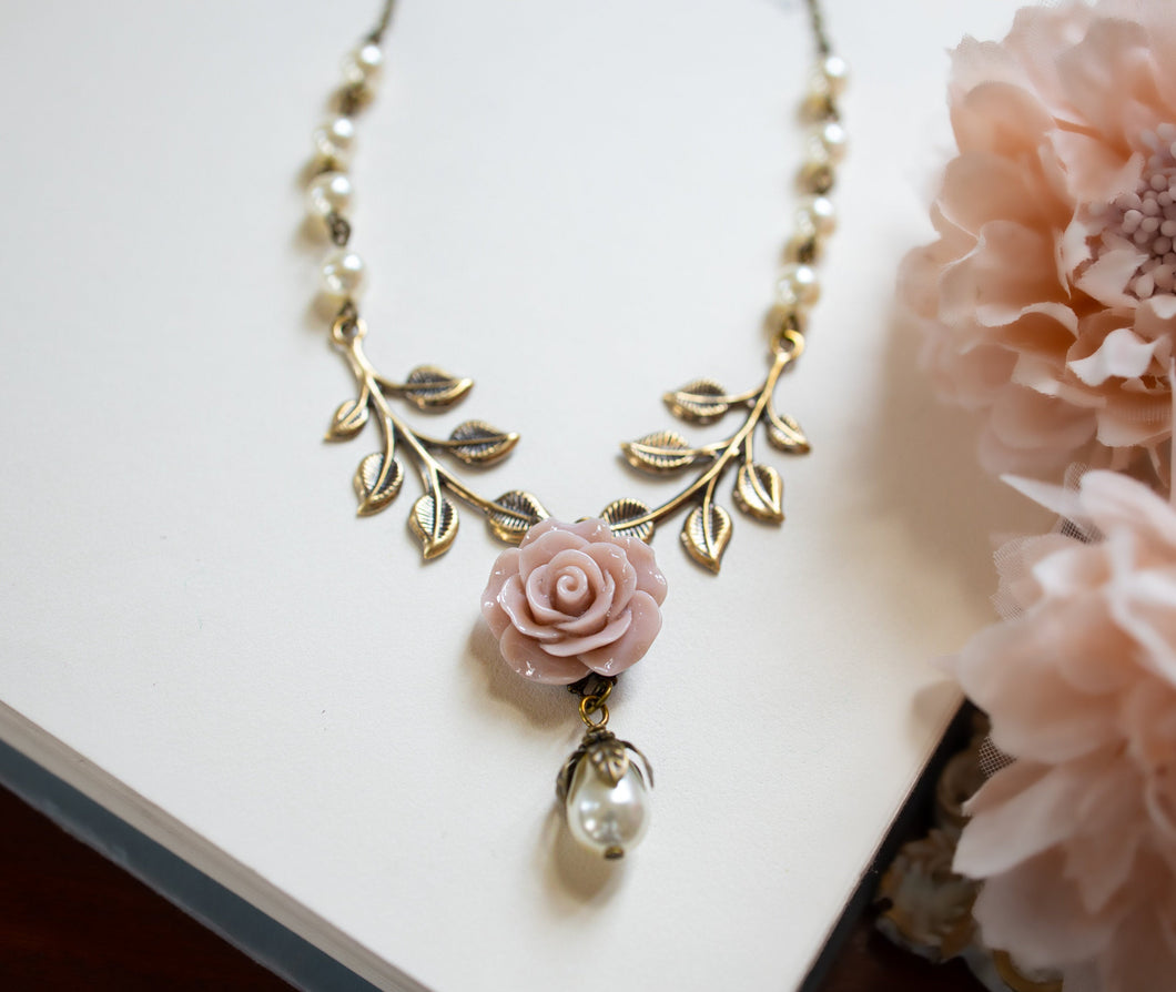 Dusty Pink Rose Necklace, Antiqued Gold Leaf Branch Necklace, Cream White Swarovski Pearl Necklace, Dusty Pink Wedding Bridal Necklace