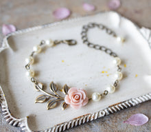 Load image into Gallery viewer, Dusty Pink Rose Necklace, Antiqued Gold Leaf Branch Necklace, Cream White Swarovski Pearl Necklace, Dusty Pink Wedding Bridal Necklace
