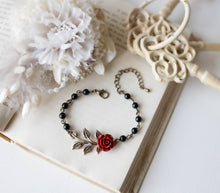 Load image into Gallery viewer, Black Pearl Bracelet, Leaf Bracelet, Red Rose Bracelet, Antique Vintage Style, Black Maroon Red Wedding Bracelet, Gift for Daughter Wife
