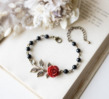 Load image into Gallery viewer, Black Pearl Bracelet, Leaf Bracelet, Red Rose Bracelet, Antique Vintage Style, Black Maroon Red Wedding Bracelet, Gift for Daughter Wife
