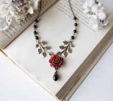 Load image into Gallery viewer, Maroon Dark Red Rose Flower Black Pearl Necklace, Antiqued Gold Leaf Branch Necklace, Maroon Wedding Jewelry, Victorian Vintage Style
