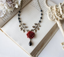 Load image into Gallery viewer, Maroon Dark Red Rose Flower Black Pearl Necklace, Antiqued Gold Leaf Branch Necklace, Maroon Wedding Jewelry, Victorian Vintage Style
